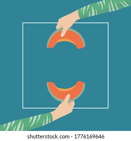 hand holding a slice of tropical melon slice. Summer background.