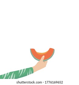 mano sosteniendo una rebanada de melón tropical. Fondo de verano.