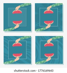 hand holding a slice of tropical watermelon slice. Summer background.
