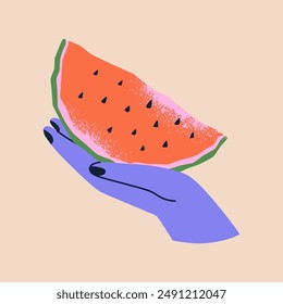 Hand holding a slice of watermelon. Hand drawn vector illustration for poster, card, print. Elements isolated on background.