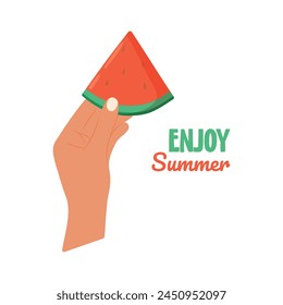 Mano sosteniendo una rebanada de sandía. Un trozo de sandía dulce de verano. Deliciosa fruta de verano. Disfruta del verano