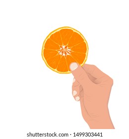 Hand holding sliced orange fruit on white background vector illustration