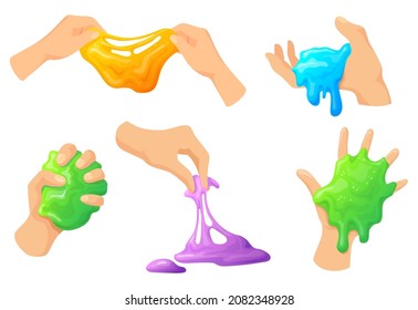 Hand holding slime. Homemade kids toy mucus between fingers hands, sticky slimy colorful funny glue, childish rainbow squeeze snail, neat cartoon vector illustration. Slimy toy and slime liquid