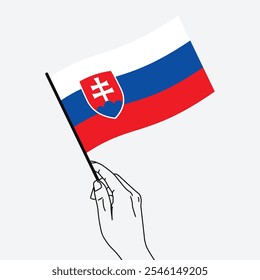 Hand holding Slovakia flag in line art drawing style. Slovakia hand Flag waving. Vector illustration