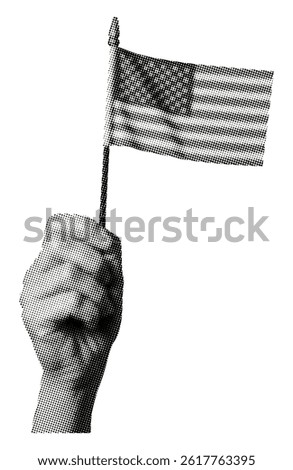 hand holding small American flag isolated on white background retro halftone dotted cut-out collage element for mixed media design vintage magazine grunge black dots object pop art style
