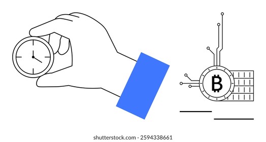 Hand holding a small analog clock and another symbol featuring a digital circuit and a Bitcoin symbol. Ideal for time management, financial planning, tech innovation, cryptocurrency, digital finance