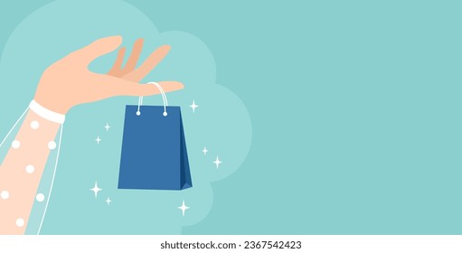 A hand holding a small blue package on the forefinger, copy space. Vector illustration in flat style