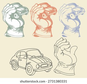 Hand Holding Small Car,Driving Freedom and Safety Concept.This visual represents fulfilling all driving requirements, from licensing to technical skills. Set includes colored and line-art versions with editable expand object. Ideal for transport blogs, traffic law guides, and automotive service branding.