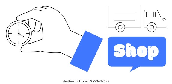 A hand is holding a small clock face next to a truck and a speech bubble with the word Shop in it. Ideal for online shopping, delivery services, time management, e-commerce, and retail