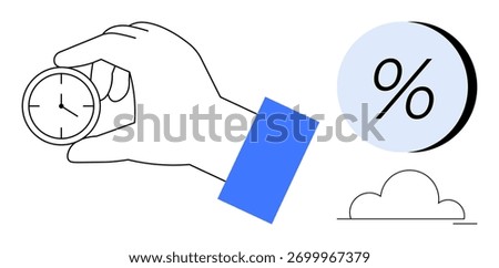 Hand holding a small clock, a percentage symbol, and a cloud icon. Ideal for productivity, efficiency, business, finance, cloud computing, analytics, and scheduling themes. Line metaphor