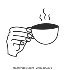 Hand holding small cup with steam outline icon. Hot drink. Coffee Tea doodle isolated vector illustration. 