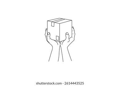 Hand holding small delivery box minimalist line art illustration