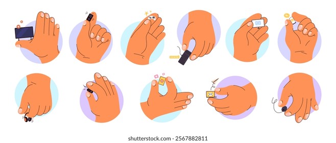 Hand holding small devices, isolated giant arm with pc and smartphone. Vector in flat style, joystick and controller, keyboard and mp3 player, mouse and headphones. Messenger and social media