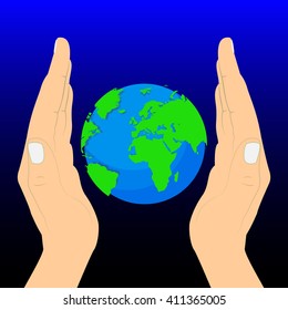 Womanâ??s hand is holding small earth and plant