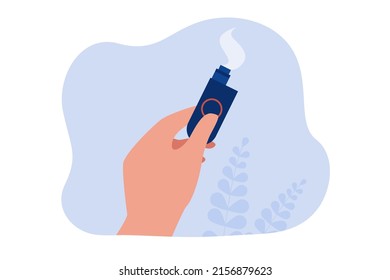 Hand holding small electronic cigarette. Smoke coming out of electric device for vaping flat vector illustration. Smoking, addiction, technology concept for banner, website design or landing page