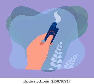 Hand holding small electronic cigarette. Smoke coming out of electric device for vaping flat vector illustration. Smoking, addiction, technology concept for banner, website design or landing page