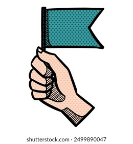 Hand holding small flag with copy space halftone color vector illustration