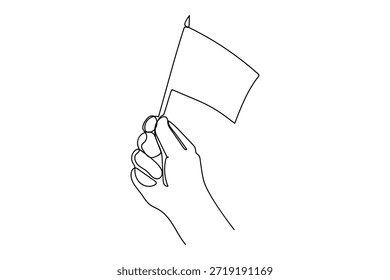 A hand holding a small flag in a single, continuous line. Single line art design.