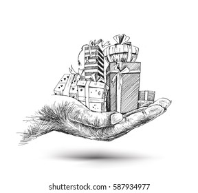 Hand holding a small gift wrapped with satin ribbon, Hand Drawn Sketch Vector illustration.