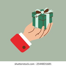 Hand holding a small green gift box with a ribbon and bow, featuring a red sleeve. Minimalist flat style illustration, ideal for festive and holiday-themed projects, gift-giving designs, promotions.