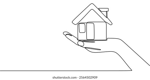 Hand holding a small house in continuous line drawing. Symbolizing security, home, and the idea of shelter. Vector illustration one line art minimalist.