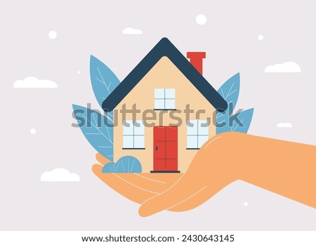 Hand holding small house. Home care and protection banner, advertising. Insurance, safety, security, insurance, safety concept. Flat vector illustration.