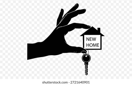 Mano que sostiene un ícono de casa Pequeña con llaves, que representa la propiedad de la nueva casa, bienes raíces o concepto de compra de propiedad
