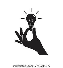 Mano que sostiene la Pequeña bombilla Vector negro sólido icono aislado fondo blanco detalle de la idea de precisión micro símbolo de solución ilustración de Diseño gráfico
