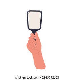 Hand holding small mirror.Female hand hold rectangular shaped,makeup mirror.Simple vector illustration in cartoon style isolated on white background.