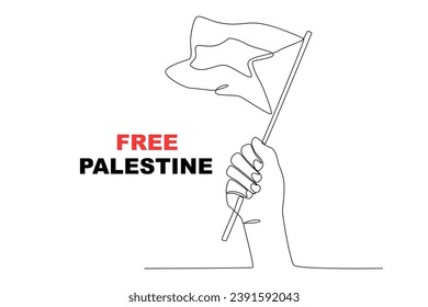 A hand holding a small Palestinian flag. Palestine solidarity one-line drawing