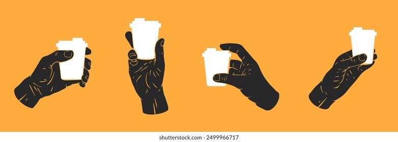 Hand holding small paper cup of coffee. Set hand drawn silhouettes human palms. Flat vector illustration.