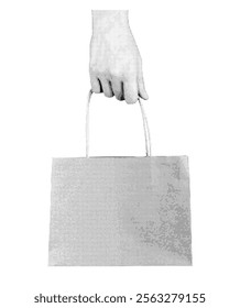 Hand holding a small paper shopping bag with handles. Eco-friendly, mini pack, Retro, vintage grayscale design with halftone and dotted texture. Vector illustration isolated on