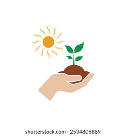 Hand holding small plant and soil with sun shining. Ideal for environmental, gardening, growth, sustainability, and nature themed designs.