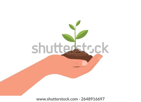 Hand holding small plant with soil, Environmental care concept vector illustration.