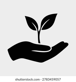 Hand holding a small plant with two leaves vector illustration