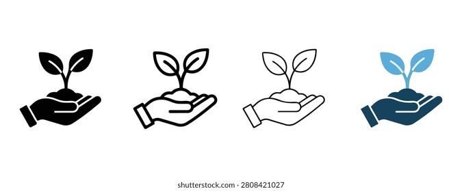Hand holding a small plant with two leaves growing out of soil in different colors and line styles for ecology and conservation concepts