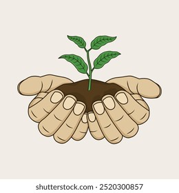 Hand holding small plant. vector illustration