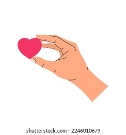 Hand holding small red heart between fingers. Concept present, gift for Valentine's Day. Trendy flat vector illustration isolated on white background.