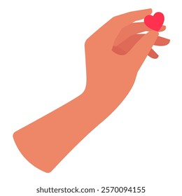 A hand holding a small red heart, symbolizing love and care, minimal design in cute vector style for Valentine's Day, romance and affection concepts, isolated icon on white background