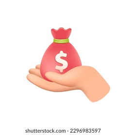 Hand holding small red money bag 3D illustration. Cartoon drawing of human hand holding sack with dollar sign in 3D style on white background. Finances, business, income, success concept