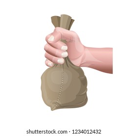 Hand holding a small sack. Vector illustration isolated on white background