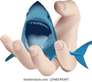 Hand holding a small shark with its mouth wide open, isolated on white background