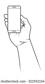 Hand holding a small smartphone facing flat on.