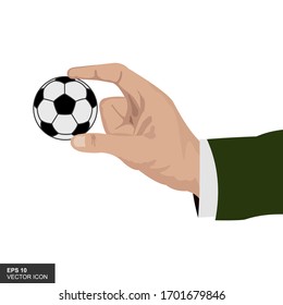 Hand holding a small soccer ball. Vector illustration.