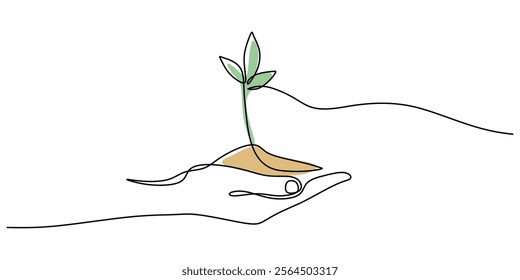 Hand holding a small tree in continuous line drawing. Representing hope, life, and environmental protection. Vector illustration one line art minimalist.