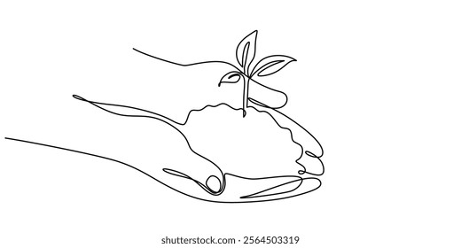 Hand holding a small tree in continuous line drawing. Symbolizing growth, nurturing, and environmental stewardship. Vector illustration one line art minimalist.