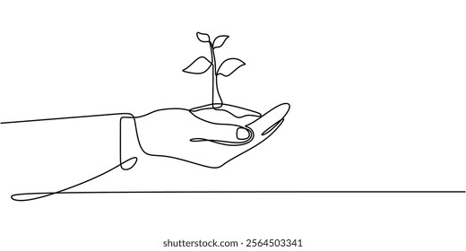 Hand holding a small tree in continuous line drawing. Symbolizing growth, nurturing, and environmental care. Vector illustration hand drawn.