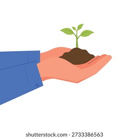 Hand holding a small tree growing in a pile of soil to represent sustainable development and nature vector illustration.