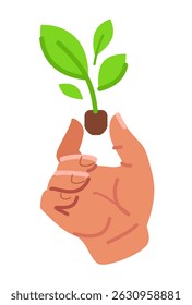 Hand holding small tree sprout with soil. Concept of conservation, planting, sustainability, environmental and ecology