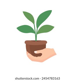 Hand holding small tree vector illustration, hand carrying plant on pot, flat icon design template elements, environment earth day concept